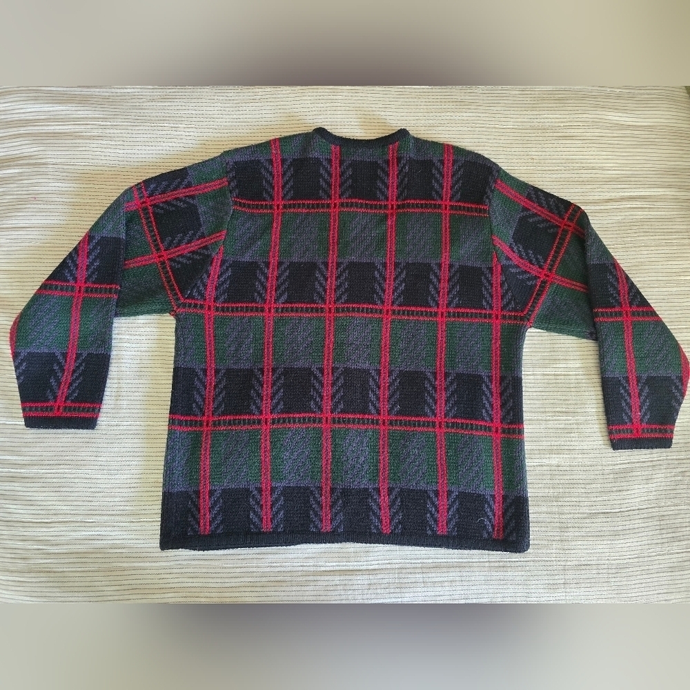 Vtg Crystal-Kobe Christmas Cardigan Sz L Scottish Green/Red Plaid Gold Buttons - Picture 3 of 6